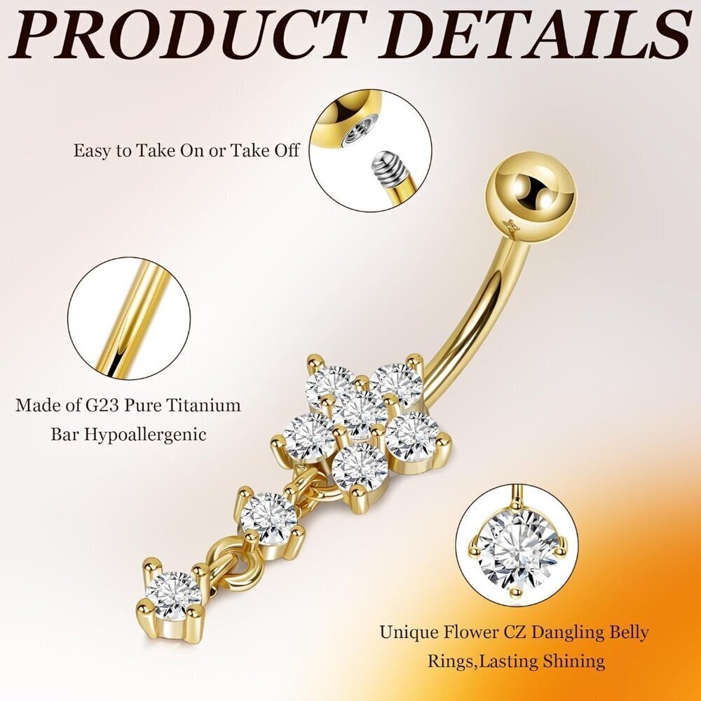 Titanium Dangle Belly Button Ring Flower CZ Women's Navel Piercing Jewelry - Picture 5 of 6